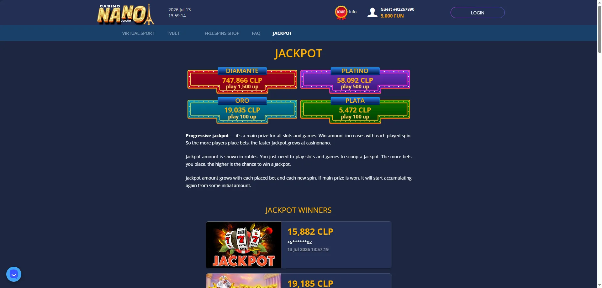 Bono de bienvenida Nano Casino hasta 500000 CLP para nuevos jugadores
